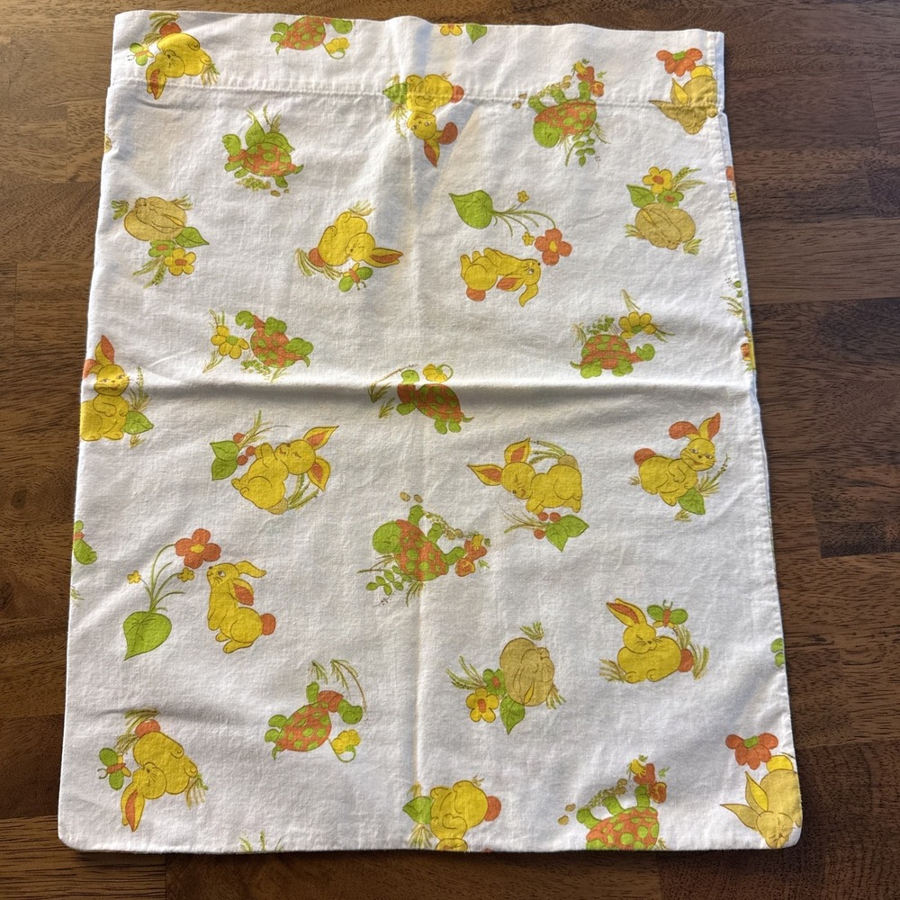Vintage 1970s Babycare Crib Pillowcase Yellow Bunny Green Turtle Nursery